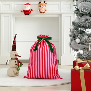 Sac de Noël en toile à rayures, imprimé bonhomme de neige, personnalisable, réutilisable, avec cordon de serrage, pour bonbons de Noël, vente en gros - Product Image 4