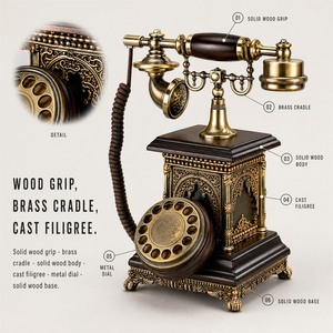 Vintage <b>Antique</b> Rotary Corded Telephone Brass Bronze Wood <b>Desktop</b> Phone with Brown Cord - Product Image 5