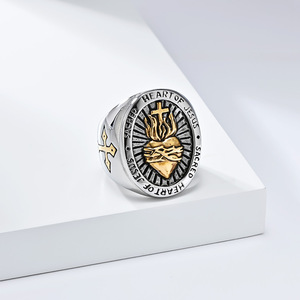 Sacré-Cœur de Jésus Chevalière Catholique Churt Bijoux En Or Corazon Sagrado Anneaux Hommes Bague En Acier Inoxydable - Product Image 3