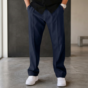 Pantalon décontracté pour homme en toile bleu marine, coupe droite, tissu extensible, fermeture à cordon, poids moyen - Product Image 3