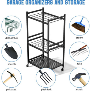 Cross-border wheeled <b>gardening</b> tool storage rack, garage outdoor long-handled tool storage tower with 3 <b>hooks</b> - Product Image 4