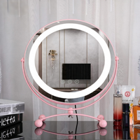 Miroir de maquillage intelligent à LED avec écran d'affichage LED, rotation infinie à 360°, éclairage rond, support de bureau en métal et cadre en verre personnalisé