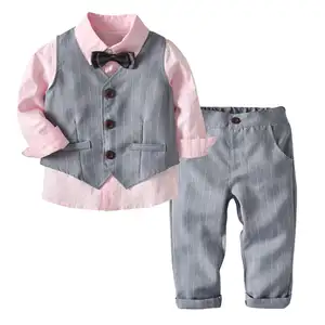 Conjunto de roupas de algodão para meninos, traje de casamento de outono e rosa, camisa listrada, calças, conjunto de roupas para crianças com 3 pçs