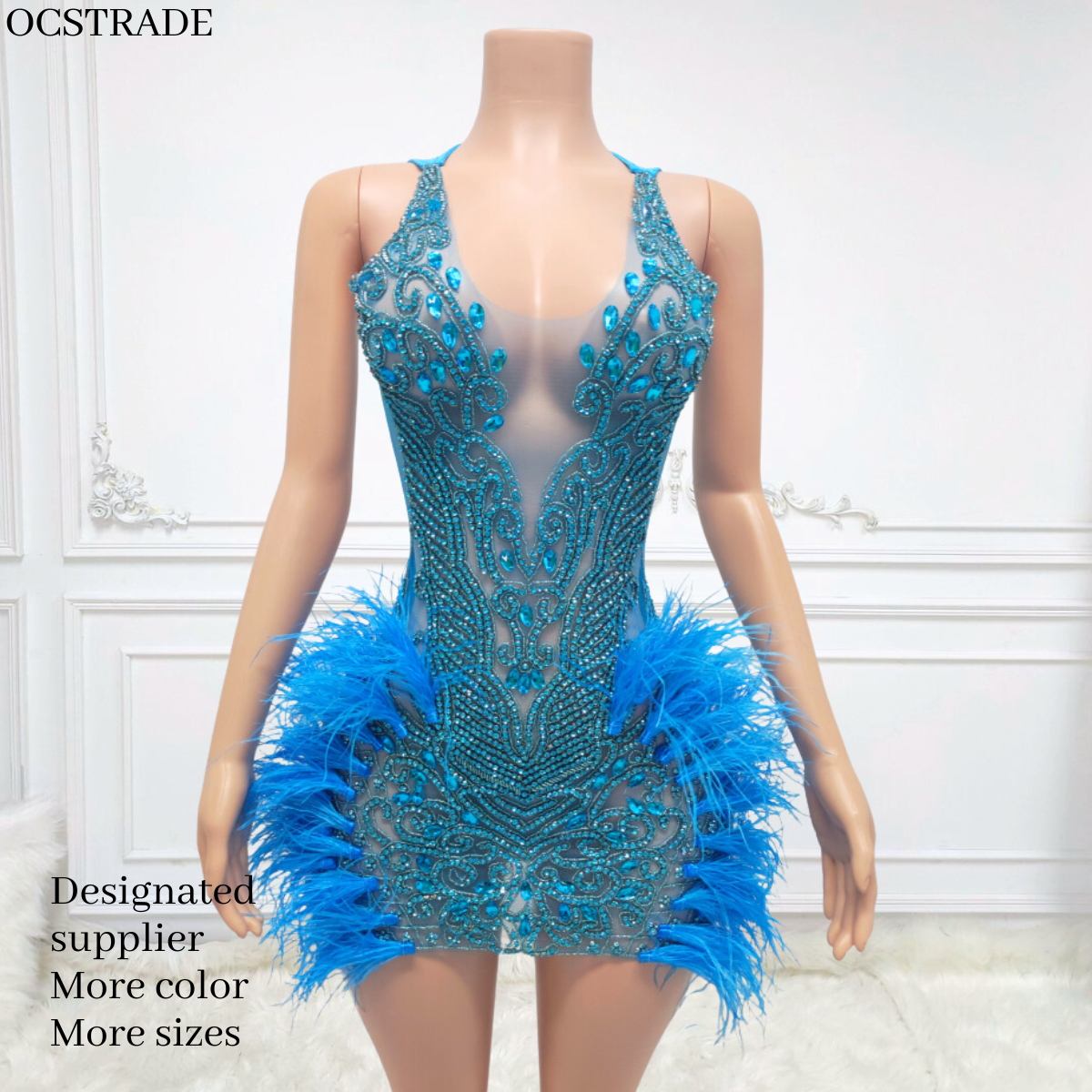 Ocstrade Bling Mini Dresses Club Party Luxury Handmade Custom Sexy Light  Blue Birthday Dress for Women Rhinestone With Feathers| Alibaba.com