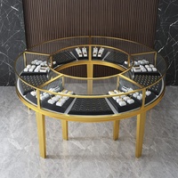 Vitrine à bijoux incurvée avec éclairage LED, couleur personnalisable, en verre et acier inoxydable, design or et jade, pour la présentation de bijoux, montres et cosmétiques