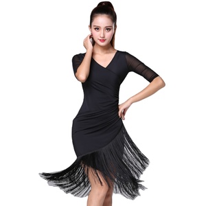 Vestido de Baile de Salón con Flecos para Mujer, Cuello Redondo de Encaje, Manga 1/2, Vestido de Baile Latino de Tango y Salsa con Pantalones Cortos - Product Image 1