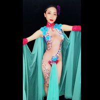 Costume de carnaval Sexy pour femmes, justaucorps de danse en maille à fleurs en strass, combinaison de spectacle de scène