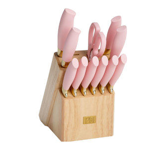 Ensemble de couteaux de cuisine jetables en acier inoxydable faits à la main, 19 pièces, avec coupe-légumes, bloc en bois et étui en cuir à manche blanc - Product Image 1