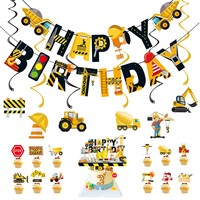 Nouvelles décorations de fête d'anniversaire et de la Journée des enfants sur le thème des véhicules de construction de dessins animés : guirlande en papier, décoration de gâteau, bannière camion benne