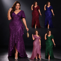 Robes de soirée de luxe YS0932 pour femmes, taille plus, manches courtes, col en V, volants, paillettes, robe sirène, robe de soirée formelle pour femmes