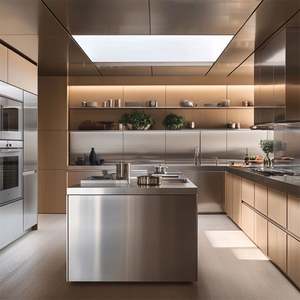 Mueble de Cocina Abierta Estilo Minimalista Personalizado, Gabinete de Isla con Estructura de MDF y Acero Inoxidable Resistente, Barra de Bar con Asientos y Amplio Espacio de Almacenamiento - Product Image 4