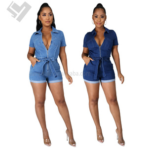 Combinaison d'été JESN Combinaison courte en denim à manches courtes avec ceinture - Product Image 1