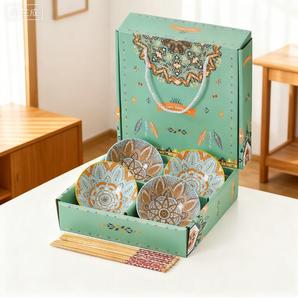 Hot Sale Ceramic 4-PC <b>Set</b>-Eco-Friendly Round Noodle Bowl for Rice Salad Red Blue Color with Gift Box - Product Image 2