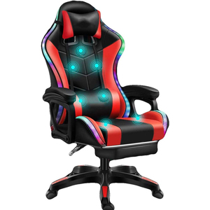 Chaise de jeu ergonomique en cuir PU avec LED RGB, inclinable, massage, pivotement à 360 degrés, vérin à gaz à 2 positions - Noir Rouge - Product Image 1