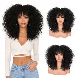 Perruques bouclées FUJAI de 16 pouces pour femmes noires, perruque Afro Bomb avec frange, fibre <span class=keywords><strong>haute</strong></span> <span class=keywords><strong>température</strong></span>, densité 100 %, cheveux bouclés crépus sans colle - Product Image 1