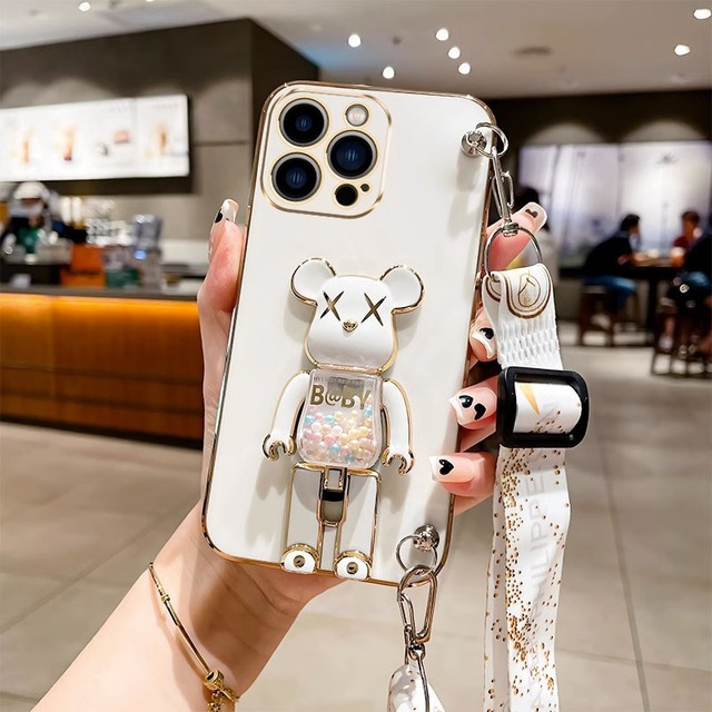 For Apple 16 Pro Max Mobile Phone Case Girl Waterproof Cover Iphone 15 Candy Bear Folding Stand Lanyard Anti-Drop Casing