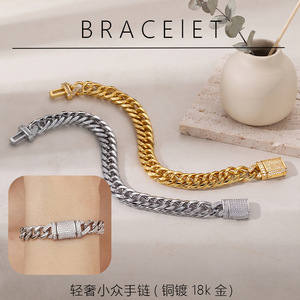 Fashion Chain Link <b>Bracelet</b> 20cm <b>Copper</b> Plated Gold Cuban Chain Zircon Stone Men's Jewelry - Product Image 5