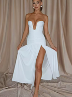 Robes de soirée chic pour femme 2026 – Robes longues fendues dos nu à épaules dénudées, élégantes, plissées, sans bretelles, col en V profond