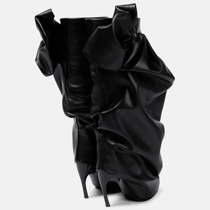 Wide Top Women's Knee High <b>Boots</b> Pointed Toe Bow Knotted Pants Long Booties Stiletto Hook Shape Heels Stage Shoes - Product Image 5