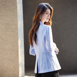 Light Blue Women's Blazer Three Quarter Sleeve Solid Color Breathable Office Wear - Product Image 3