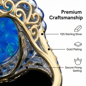 Кольцо с большим овальным камнем из голубого опала, маленькое круглое обручальное кольцо для женщин, классическое серебряное обручальное кольцо, ювелирное изделие - Product Image 2