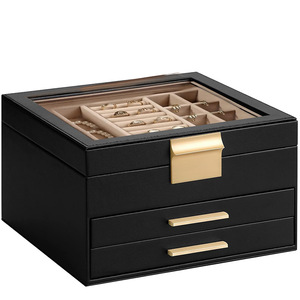 Caja de Almacenamiento de Joyas para Collares de Gran Capacidad Personalizada para Mujer, con Tapa de Vidrio, Tres Niveles, Terciopelo, Cuero PU, Caja de Regalo - Product Image 3
