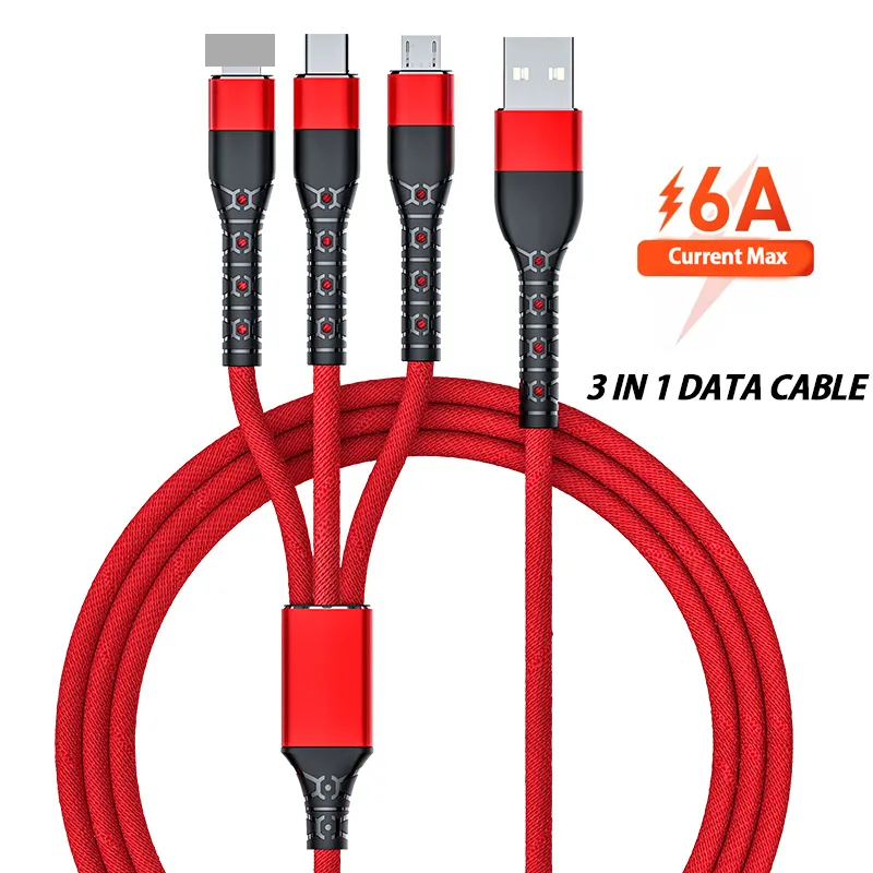 3 In 1 6A Current Data USB Cable For IPhone Fast Charging Cable For Android Phone Type C for Xiaomi for Huawei Charging