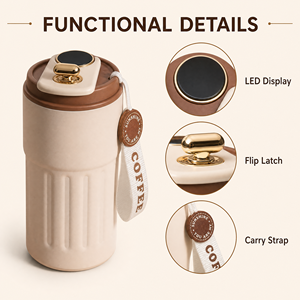 Termo para Café con Indicador de Temperatura, Aislamiento al Vacío, Acero Inoxidable, Diseño Moderno, Portátil, Ideal para Viajes y Regalos - Product Image 3