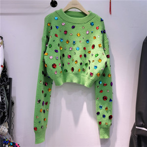 2022 autunno inverno nuovo Pullover maglieria sciolto a vita alta maglioni corti industria pesante colore diamante maglione lavorato a maglia per le donne - Product Image 1