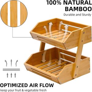 Bamboo Fruit Rack 2 Tier Stackable Foldable Storage Shelf For <b>Kitchen</b> Countertop Display - Product Image 2