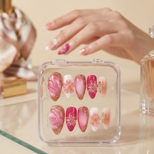 Lot de 30 faux ongles press-on haut de gamme en forme d'amande <span class=keywords><strong>rouge</strong></span>, plaqués or, avec fleurs 3D dégradées et <span class=keywords><strong>strass</strong></span> appliqués à la main, certifiés pour la vente en gros - Product Image 1