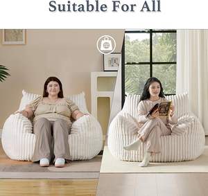 Pouf beige confortable en velours côtelé à larges rayures avec accoudoirs sans remplissage Mini canapé moelleux à nuage unique - Product Image 4