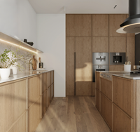 Système d'armoires de cuisine en bois grainé VERMONHOUZZ OEM, armoires de rangement contemporaines intégrées avec îlot pour projets résidentiels