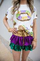 Nouvelle arrivée Mardi Gras tenue jupe Mardi carnaval violet vert or gâteau à volants bord plissé Mini jupe de cow-boy pour les femmes