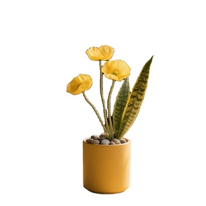 Flores artificiales rosas de terciopelo rosa verde blanco maceta cilíndrica elegante adecuado para mesa de centro de sala de estar - Product Image 3
