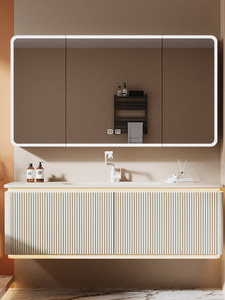 Meuble <span class=keywords><strong>de</strong></span> <span class=keywords><strong>salle</strong></span> <span class=keywords><strong>de</strong></span> <span class=keywords><strong>bain</strong></span> mural intelligent <span class=keywords><strong>avec</strong></span> lavabo intégré en dalle <span class=keywords><strong>de</strong></span> roche, <span class=keywords><strong>miroir</strong></span> et <span class=keywords><strong>rangement</strong></span>, style crème français - Product Image 2