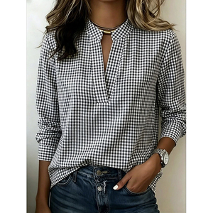 Fashion Black White Plaid <b>Womens</b> <b>Blouse</b> V Neck <b>Long</b> Sleeve Gingham Shirts Casual Office Ladies Tops Workwear - Product Image 1