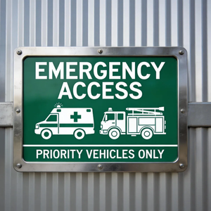 Signalisation <span class=keywords><strong>de</strong></span> voie <span class=keywords><strong>de</strong></span> circulation et d'accès d'urgence avec bordure rouge et <span class=keywords><strong>symbole</strong></span> interdiction <span class=keywords><strong>de</strong></span> stationnement strict, en métal durable - Product Image 2