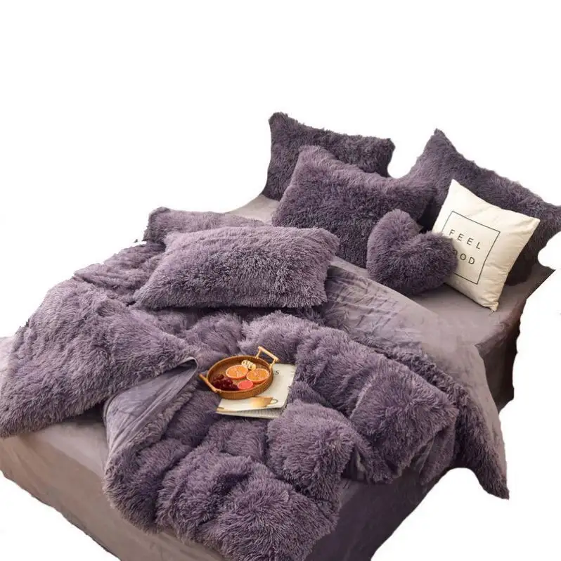 Bán Buôn Giá Rẻ King Size Fluffy Bed Set Mùa Đông Xù Xì Ấm Cúng Lông Comforter Fluffy Bộ Đồ Giường