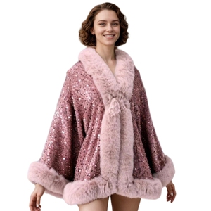 Women Sparkly Sequins <b>Wrap</b> Shawl Elegant Cloak with Faux Fur Trims Winter Warm Cape for Wedding Travel Night Out - Product Image 3