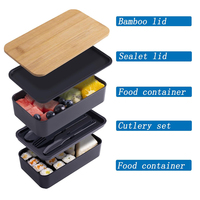 Boîte Bento Japonaise en Bambou avec Compartiments et Set d'Ustensiles, Boîte Repas Empilable Incluant Sac Isotherme, Préparation Repas, Compatible Micro-ondes