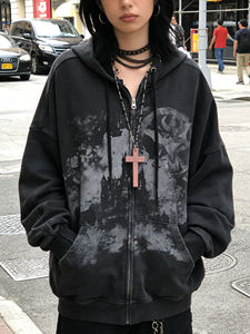 Groothandel op maat gemaakte dames Y2K gothic schedelprint zip-up hoodies gewassen streetstyle vintage distressed zware kwaliteit 100% katoen - Product Image 4