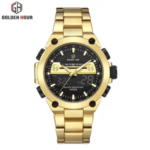 GOLDEN HOUR GH115 luxury gold mens digital watch designer Stainless steel band dual display big character sports wrist watch