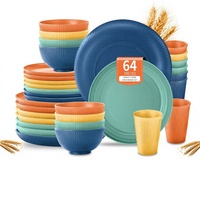 Service de vaisselle 64 pièces en paille de blé incassable, réutilisable, compatible lave-vaisselle, motif rayé - Assiettes à dîner/pain/dessert et tasses