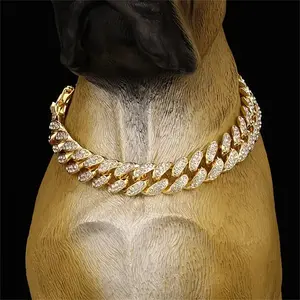 Golden Chain Dog Collar Heavy Duty Stainless Steel Cuban Link Dog Collar Chain with Bling Diamond