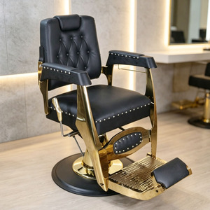 Sillón de Barbería Vintage Negro y Dorado, Silla Hidráulica de Peluquería con Reposapiés Metálico, Muebles para Salón de Belleza - Product Image 3