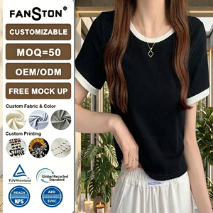 Camiseta de cuello redondo para <span class=keywords><strong>mujer</strong></span> 2026 con contraste de color - Top corto de verano de corte ajustado, estilo coreano de moda, manga corta, capa base, ¡Gran oferta! - Product Image 2