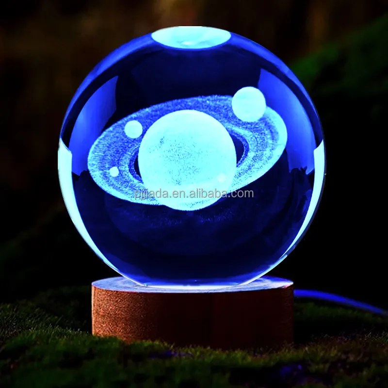 60mm verre Saturne Moom système solaire planète sphère 3D gravée au laser galaxie Axolotl boule de cristal avec bois lumière LED lampe de nuit