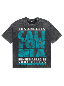 Camisetas de Hombre de Alta Calidad, Talla Grande, Color Negro Lavado al Ácido, Estampado DTG California Palm, Transpirables, de Algodón - Product Image 1