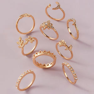 Conjuntos de Joyería de Moda, 9 Piezas, Anillos de Cristal Chapados en Oro, Corona, Luna, Estrella, Flor, Hoja, Palabra de Bebé, Joyería de Fiesta para Mujer - Product Image 2